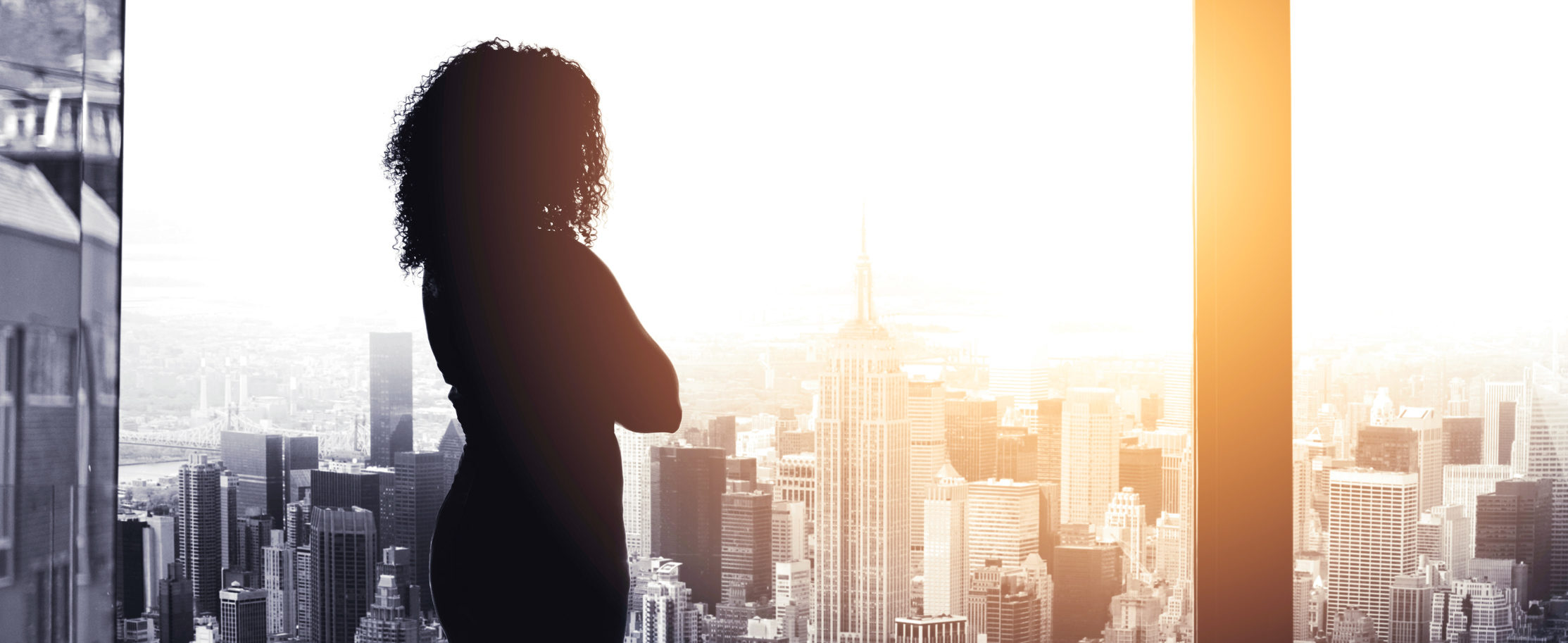 Silhouetted shot of a young businesswoman looking at a cityscape from an office window